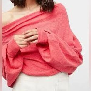 Free People skyline thermal medium red coral off shoulder light cropped sweater